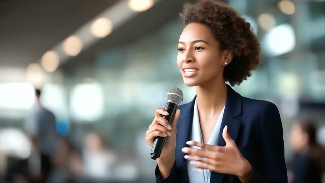 Faceless black woman with award giving thank you speech defocused seminar background microphone in hand business success nomination employee speaker announcement trophy