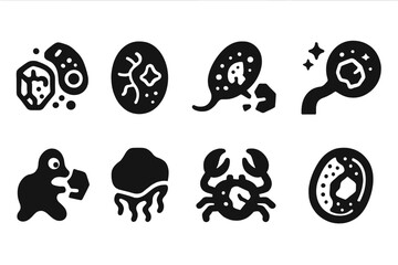 Fototapeta premium Rock Breakdown Biology. Solid style icons of rock breakdown biology: mineral enzyme cell, lithic digestion membrane, rock microbe