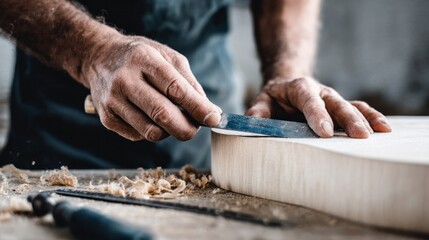 Luthier hands shaping wooden guitar body using a file, crafting a musical instrument with skill and dedication
