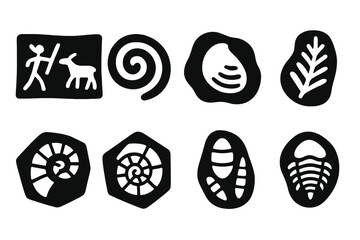 Artistic Paleontology Icons. Solid style icons of artistic paleontology forms: fossil mural design, ancient spiral painting,