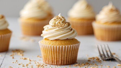 Golden Flakes Cupcake Delight, a Swirl of Vanilla Cream in a Festive Paper Cup.
