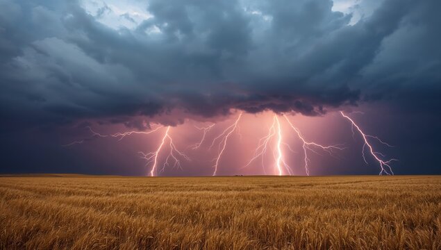 Golden Field Illuminated by Lightning Strikes Under a Cloudy Sky, Dramatic Scene.