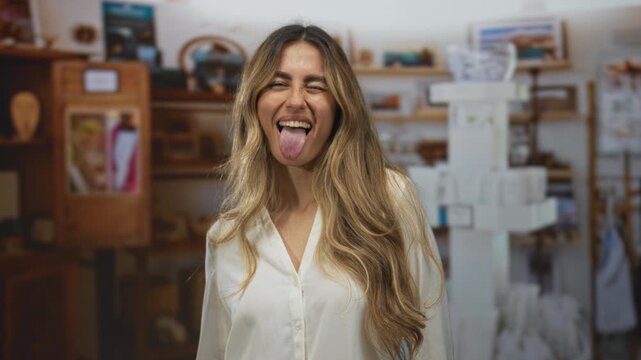 Young woman winks and sticks out tongue while standing at checkout counter in shop; playfulness joy.