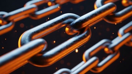Close-up of shiny metal chain links on dark background with orange glow