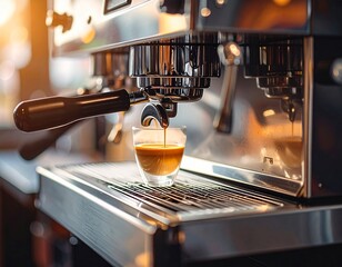 Close-up of a professional espresso machine in a modern cafe