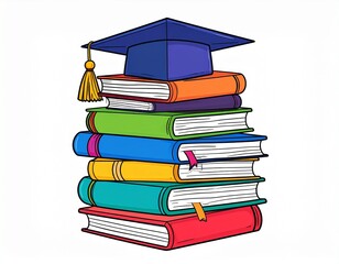 Vector doodle illustration of a stack of books and graduation cap