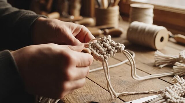 Close-up of hands crafting macrame with natural cords on a wooden table.