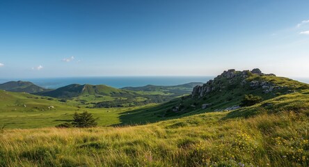 Naklejka premium Grassy Peaks, Coastal View. A Landscape of Rolling Hills and Distant Waters.