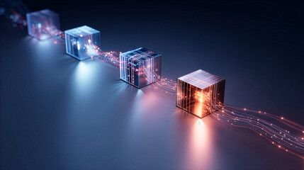 Glowing Cubes Connected by Light Trails - Digital Blockchain Network