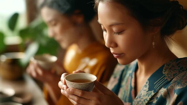 Faceless traditional Japanese women with tea defocused home tearoom background culture with leaves and herbs friends ceremony herbal beverage wellness mindfulness detox drink