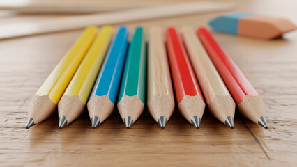 Vibrant colored pencils arranged on wooden desk for creative work