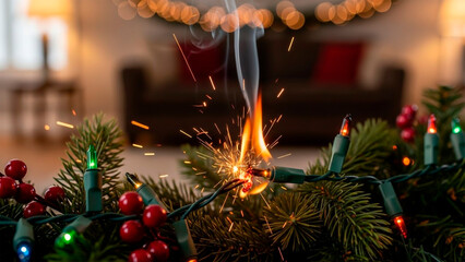 Christmas wreath with lights on fire
