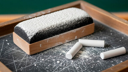 Chalk dust covered eraser and white chalks on blackboard tray