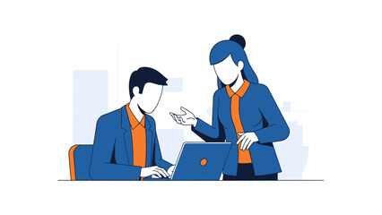 Two business colleagues discussing on laptop in modern office setting