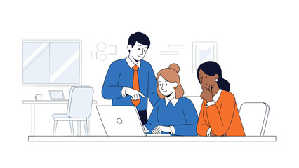 Three diverse colleagues collaborating on a laptop in an office setting together