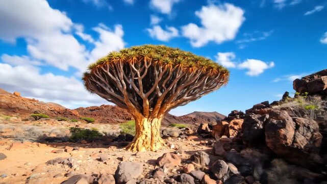 A stunning quiver tree in a desert landscape under a bright blue sky with fluffy clouds.