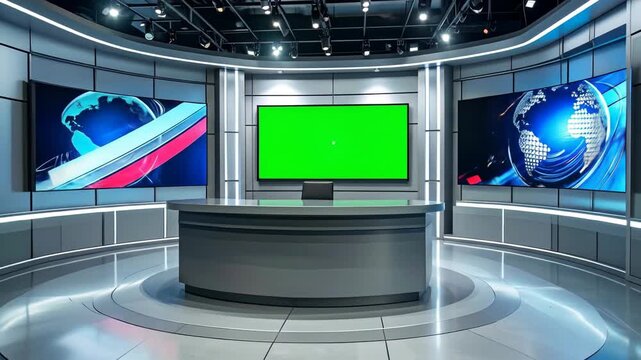 Modern news studio with large screens and a green screen, ready for broadcasting.