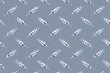 Medical syringe pattern on blue-gray background, 3D rendered vaccination and injection equipment for healthcare illustration