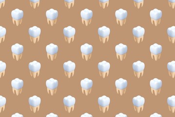 3D tooth pattern with white crown and roots on beige background, dental health and oral care medical illustration concept