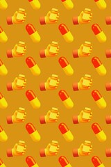 3D medicine pattern with hands holding pill bottles and capsules on golden yellow background for healthcare design