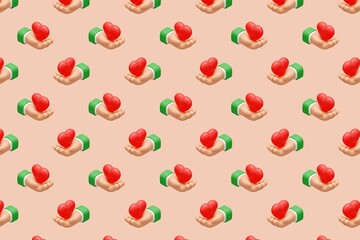 3D hands holding red hearts pattern on peach background, repeating emoji-style charity and love giving illustration design