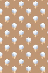 3D tooth pattern on beige background showing white crown and roots for dental health and oral care medical illustration