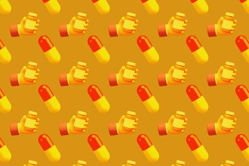 3D medicine pills and prescription bottle pattern on golden yellow background for pharmacy and healthcare design concepts
