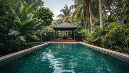 Serene Aqua Vista. A Pavilions Reflection on Emerald Tiles and Verdant Flora.