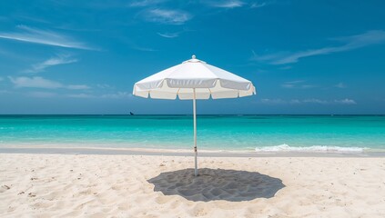 Fototapeta premium Serene Beach Escape. A White Parasol Under a Turquoise Sky, Ocean, and Sandy Shore.
