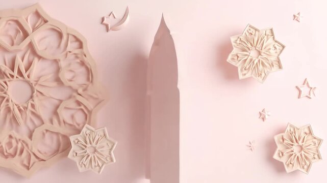 Elegant 3D rendering of Islamic architectural elements in a soft pink hue.