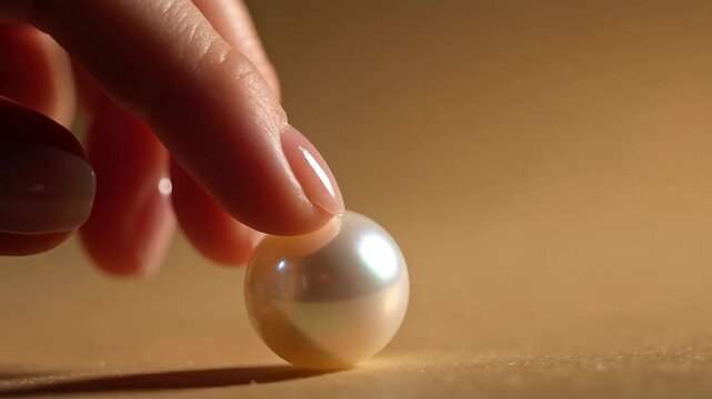 Woman hand with nude manicure gently touching large white round pearl lying on golden textured surface under warm cinematic lighting