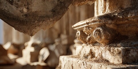 Ancient stone carving detail closeup with weathered texture and heritage