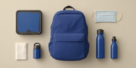 Blue backpack essentials flat lay with mask and bottle for travel kit