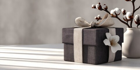 Elegant black gift box with ribbon and flower in soft window light