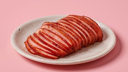 Sliced Glaze, a Stacked Food Composition on a Speckled Plate, Against a Pink Background.
