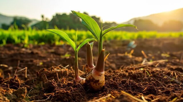 Close-up of young ginger plants growing in rich soil at sunrise.