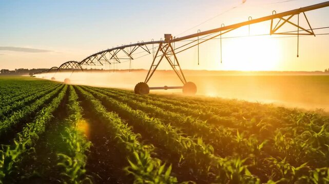 A stunning sunrise view of a field being irrigated with a center pivot sprinkler system.