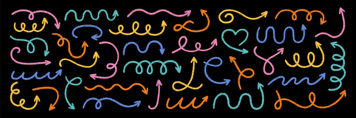 Crayon squiggly arrows doodle set. Chalk pencil comic symbols and direction pointers in sketch style. Hand drawn vector illustration isolated on black background