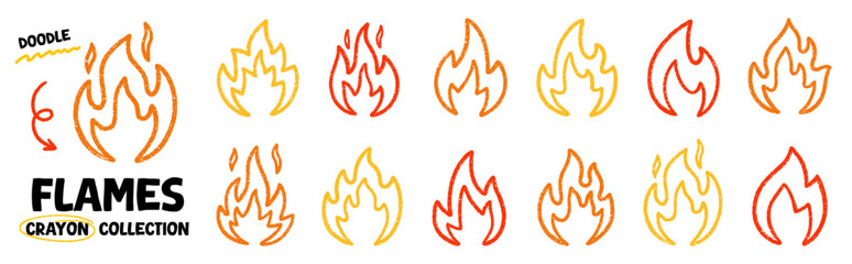 Chalk fire flame doodle set. Hand drawn punk rock burning elements in sketch style, grunge chalk texture. Vector illustration isolated on white background