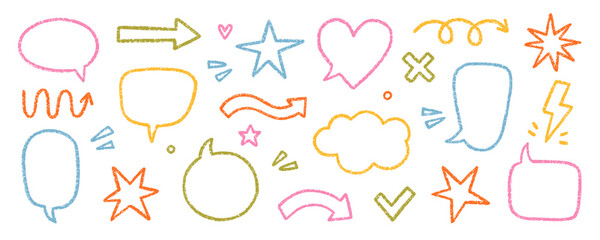 Chalk pencil speech bubbles, arrows and ribbons doodle set. Crayon communication frame, comic talk balloon in sketch style, Grunge texture. Hand drawn vector illustration isolated on white background