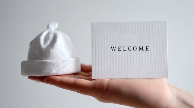 Hand hold welcome card and baby hat for newborn gift and arrival - Powered by Adobe
