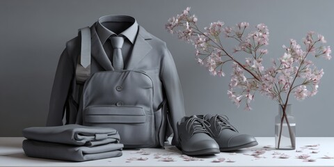 Minimal wardrobe still life with suit backpack and cherry blossom branch