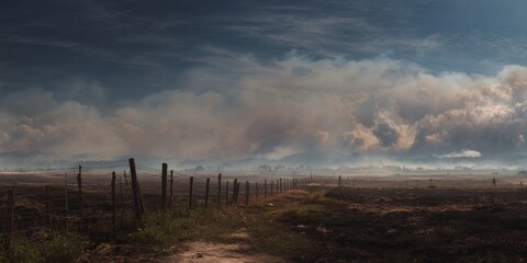Stormy rural field road with fence under dramatic cloud landscape