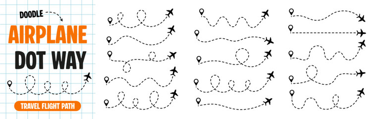 Airplane flight path for travel and journey doodle icon set. Dotted map route, dash line air plane route. Vector illustration isolated on white background