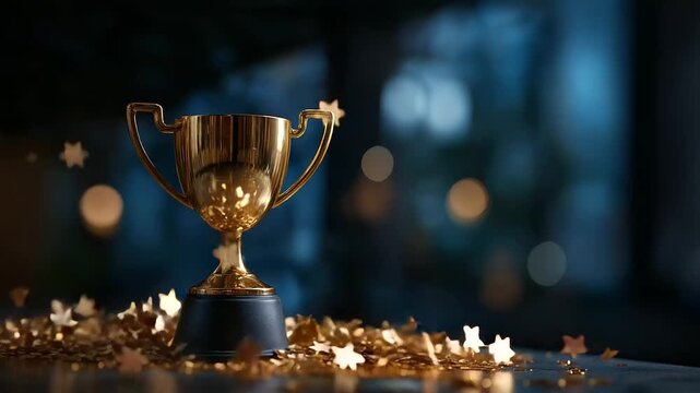 Victory concept with winner golden trophy cup faceless achievement symbol defocused shiny stars background success visualization championship moment winning celebration with