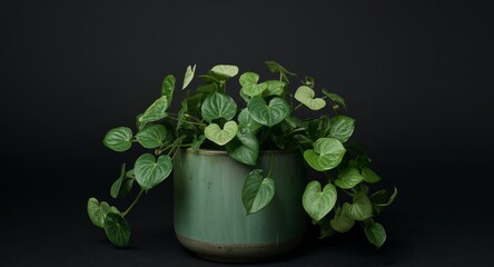 Verdant Cascade. A Symphony of Green Hues in a Textured, Earthy Pot on Black Backdrop.