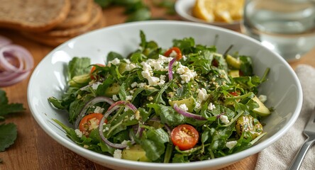 Verdant Composition with Crimson Accents and Creamy Interludes in an Open White Vessel.