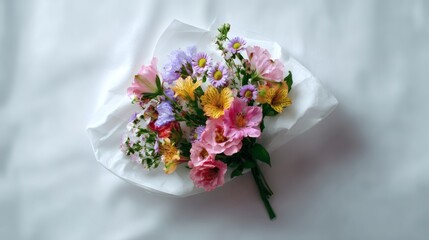 Colorful flower bouquet on white fabric in soft light romantic still life