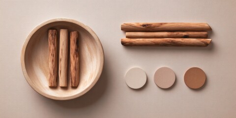 Minimal cinnamon stick flat lay with plate for natural wellness design