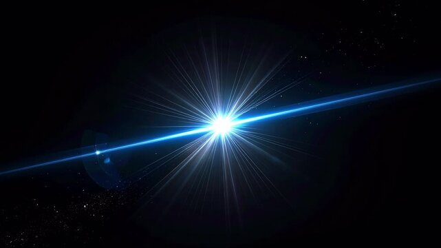 Blue anamorphic lens flare animated video effect. Bright starburst with glowing light rays and particles. Overlay footage for compositing with a transparent background for easy integration.